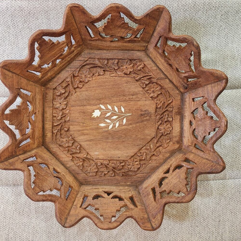 Vintage hand carved tray from India inlay book‎ bowl 12inch
